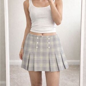 Vintage Y2K Grey Mint Green Pleated Button Mini Skirt Women 8 Preppy‎ Academia